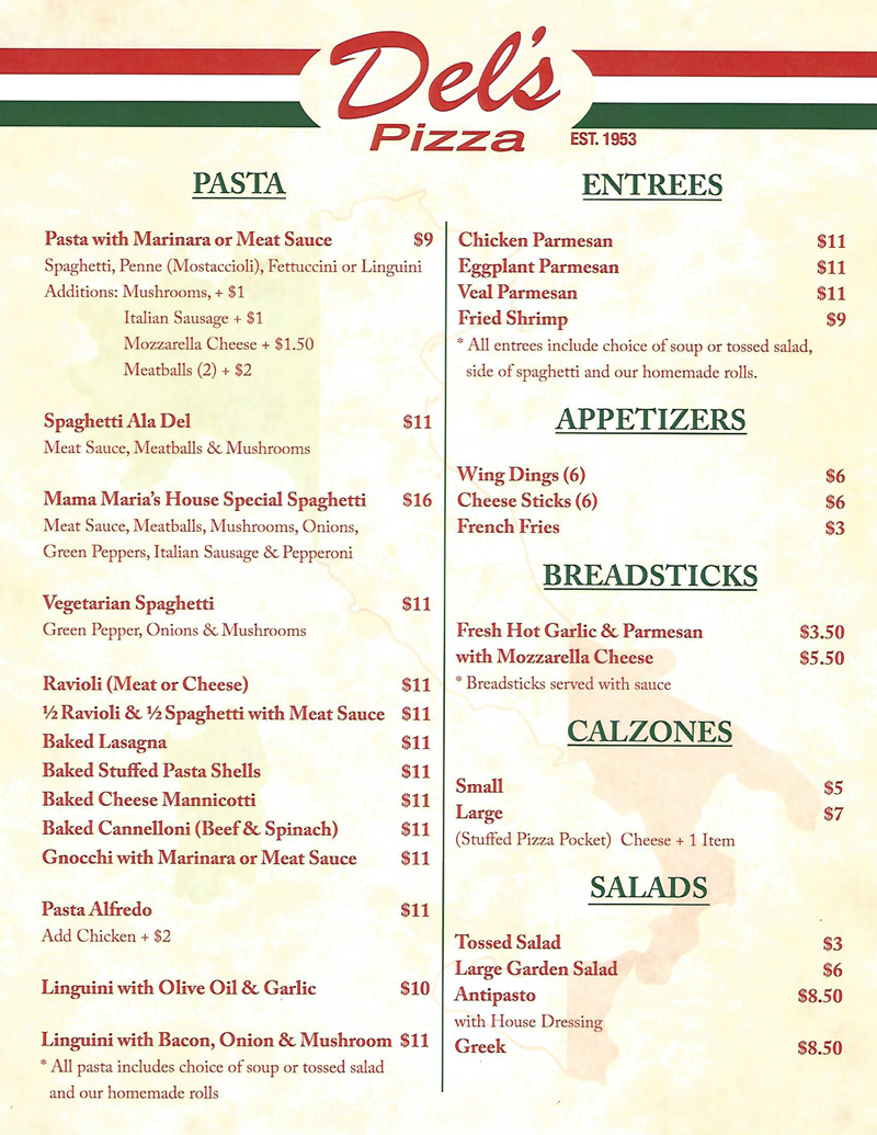 Dels Pizza of Trenton menu